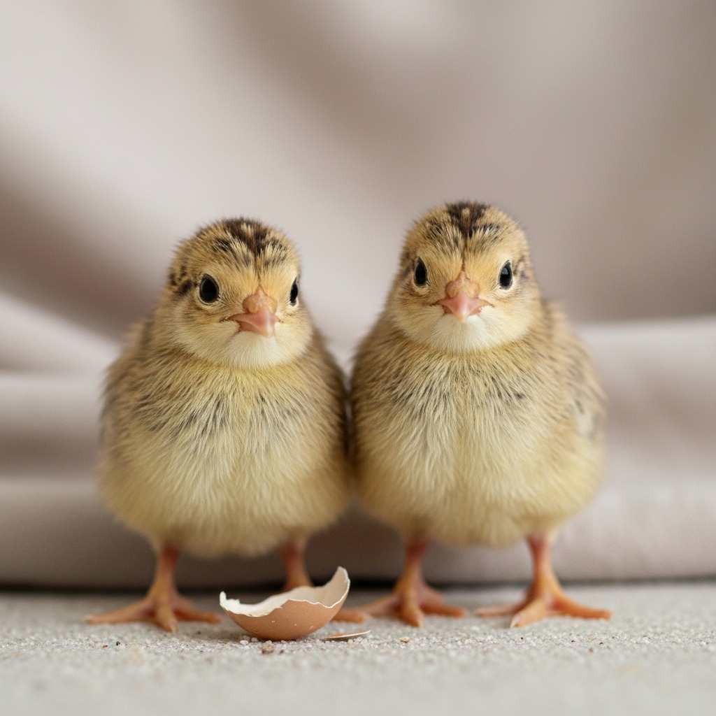 Dois pintinhos fofos com penugem amarela e marrom estão em pé ao lado de uma casca de ovo quebrada, em frente a um fundo neutro e claro.